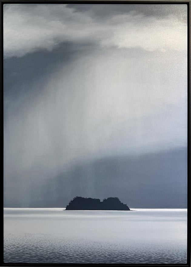Light rain falling on Swan Island, Bathurst Harbour, Tasmania